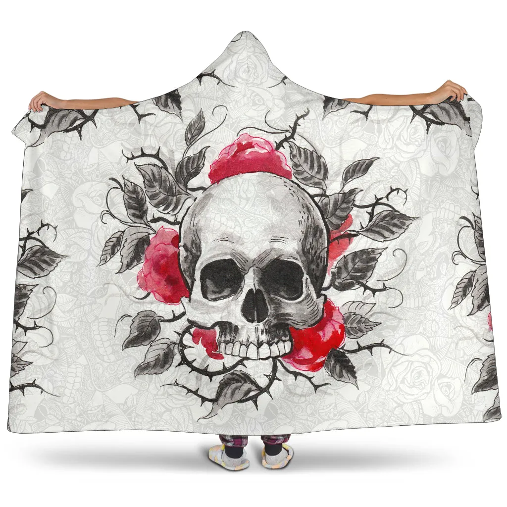 Skull With Thorny Roses Hooded Blanket