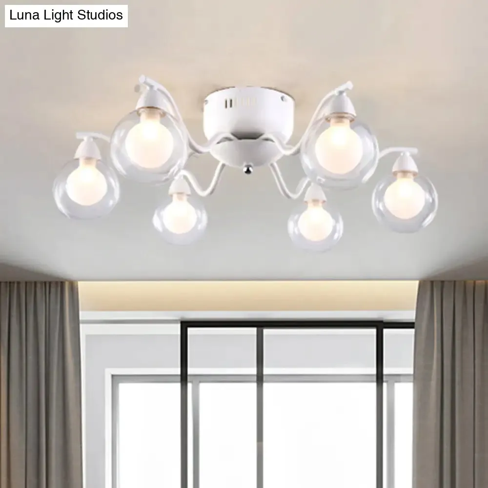 Sleek 6-Light Starburst Ceiling Fixture with Metal Ball Glass Shade - Ideal for Bedroom. Mounts Flush in White.