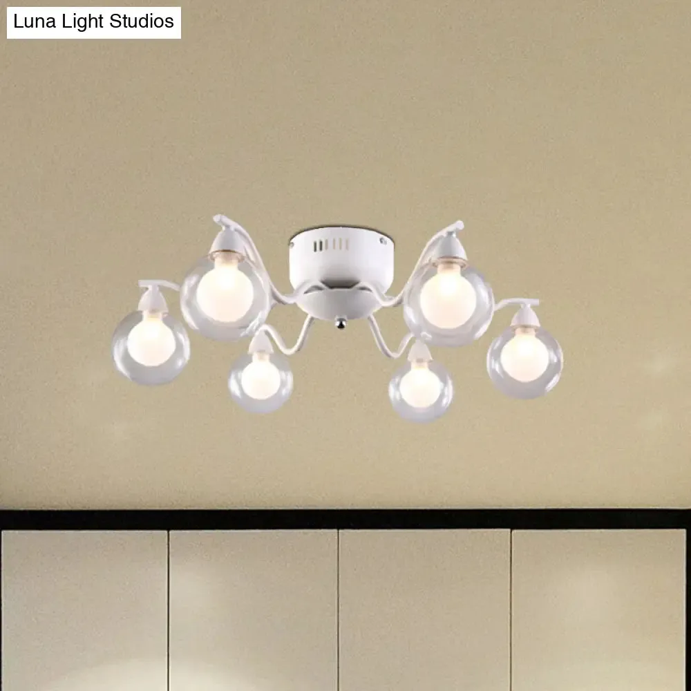 Sleek 6-Light Starburst Ceiling Fixture with Metal Ball Glass Shade - Ideal for Bedroom. Mounts Flush in White.