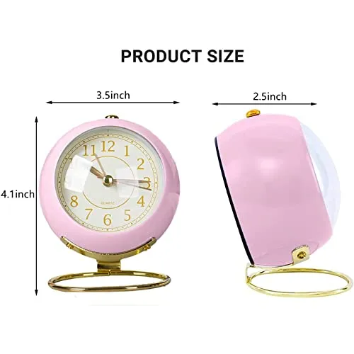 Small Table Clocks, Classic Non-Ticking Tabletop Alarm Clock Battery Operated Desk Decor Clock with Night Light for Bedroom Living Room Kitchen Indoor Decor (Pink)