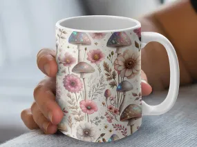 Sparkly Mushroom Floral Mug, Aesthetic Coffee Cup, Enchanted Forest Theme, Botanical Illustration, Gift for Nature Lover