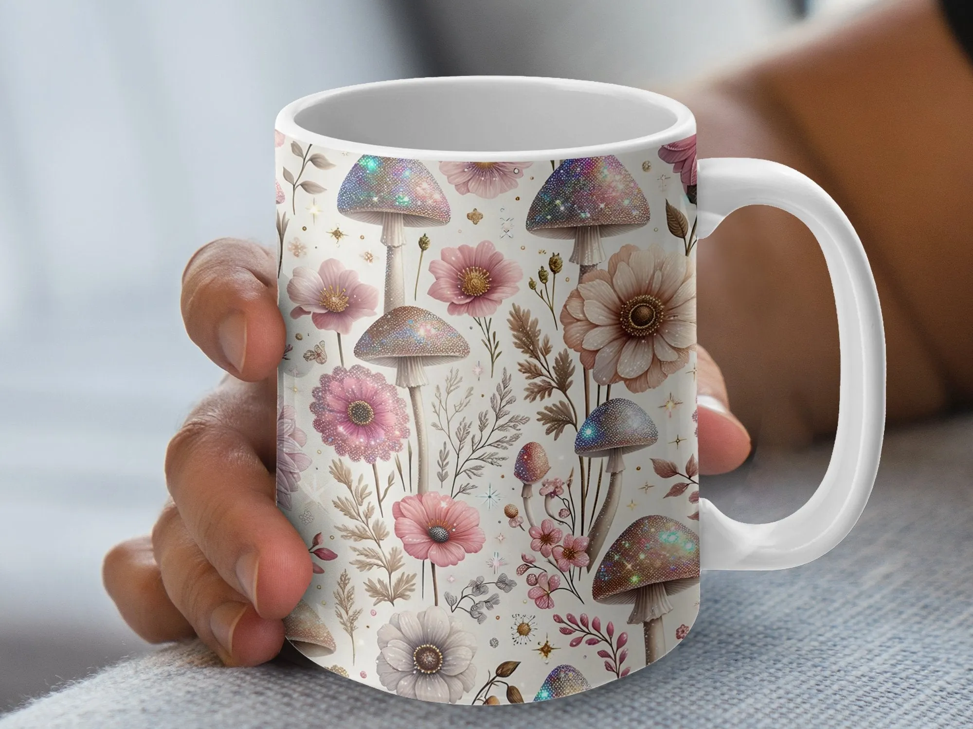 Sparkly Mushroom Floral Mug, Aesthetic Coffee Cup, Enchanted Forest Theme, Botanical Illustration, Gift for Nature Lover