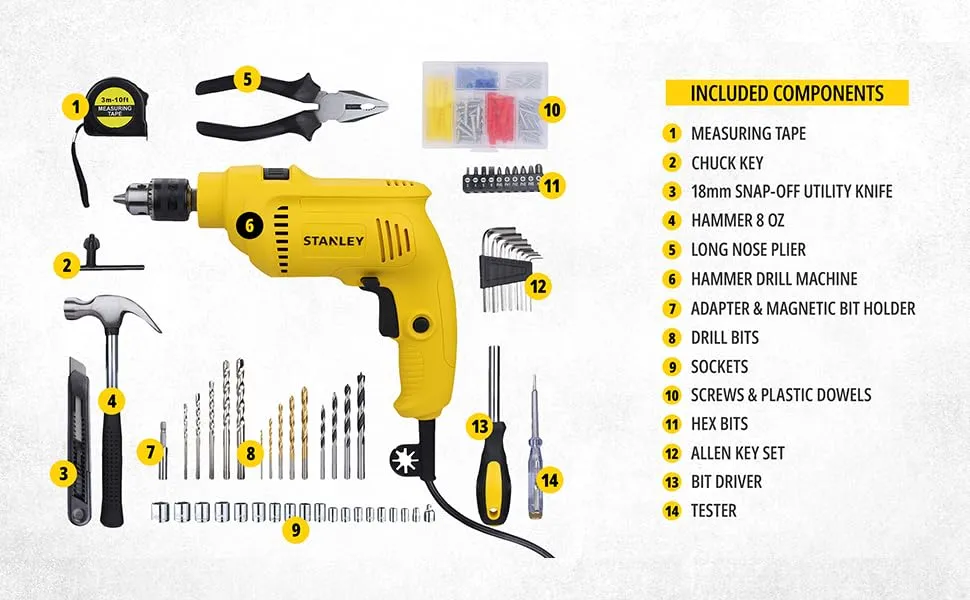 STANLEY SDH550KP 550W 10mm Corded Single Speed Hammer Drill Machine and Hand Tool Kit (120-Pieces) - Includes Hammer Drill, Measurement Tape, Drill Bits, Hammer, 1 Year Warranty, YELLOW & BLACK