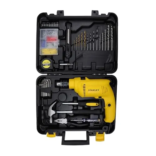 STANLEY SDH550KP 550W 10mm Corded Single Speed Hammer Drill Machine and Hand Tool Kit (120-Pieces) - Includes Hammer Drill, Measurement Tape, Drill Bits, Hammer, 1 Year Warranty, YELLOW & BLACK