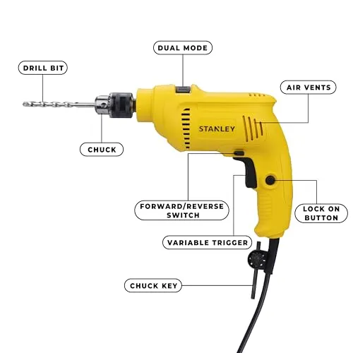 STANLEY SDH550KP 550W 10mm Corded Single Speed Hammer Drill Machine and Hand Tool Kit (120-Pieces) - Includes Hammer Drill, Measurement Tape, Drill Bits, Hammer, 1 Year Warranty, YELLOW & BLACK