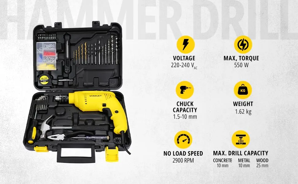 STANLEY SDH550KP 550W 10mm Corded Single Speed Hammer Drill Machine and Hand Tool Kit (120-Pieces) - Includes Hammer Drill, Measurement Tape, Drill Bits, Hammer, 1 Year Warranty, YELLOW & BLACK