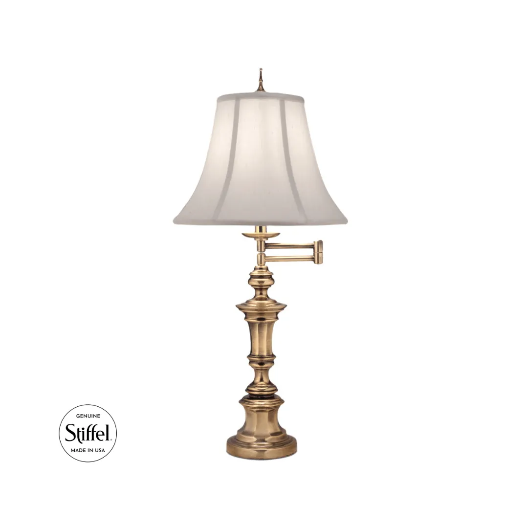 Stiffel Burnished Brass One-Light Swing Arm Table Lamp with Pearl Supreme Satin Shade