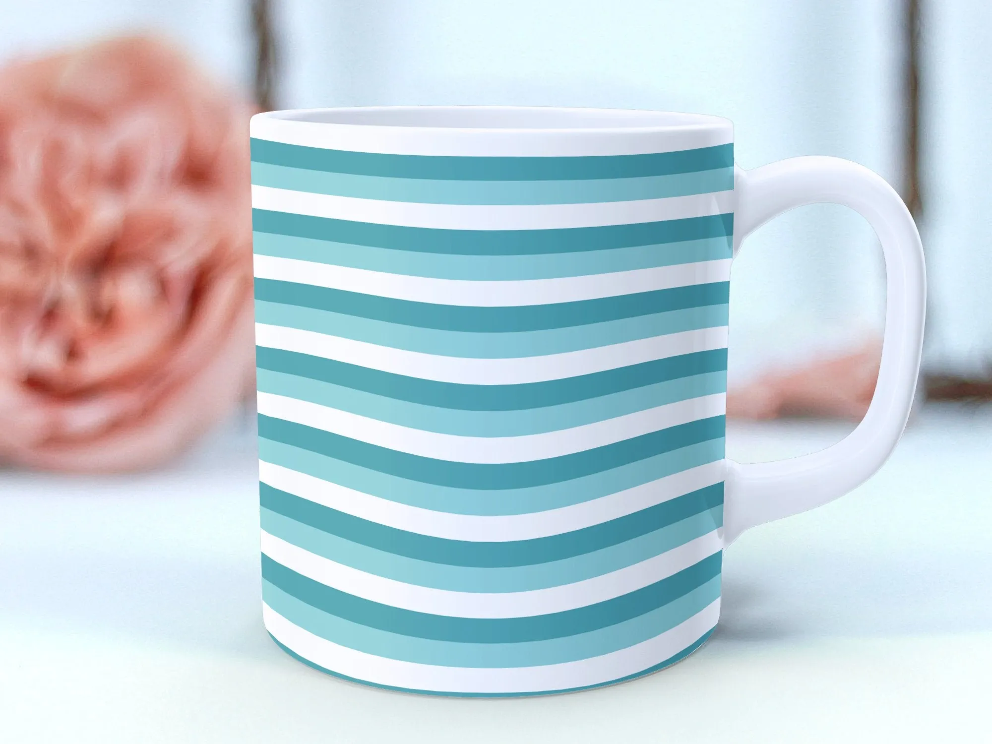 Striped Pattern Mug, Teal and White Horizontal Lines, Modern Coffee Cup, Ceramic Mug for Office and Home, Unique Drinkware Gift