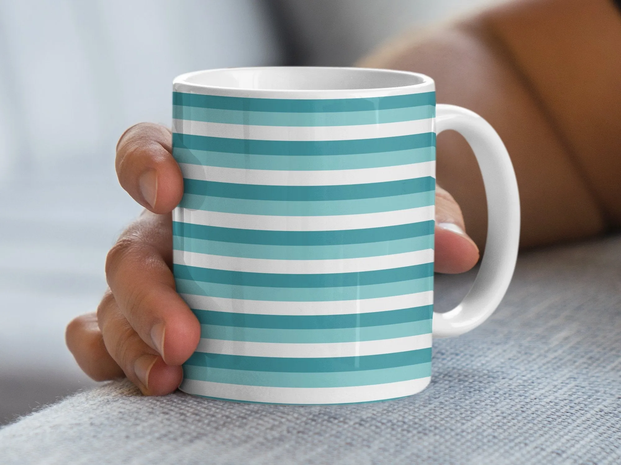 Striped Pattern Mug, Teal and White Horizontal Lines, Modern Coffee Cup, Ceramic Mug for Office and Home, Unique Drinkware Gift