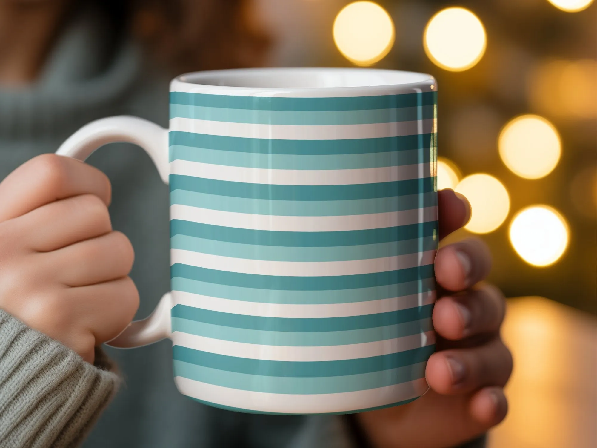 Striped Pattern Mug, Teal and White Horizontal Lines, Modern Coffee Cup, Ceramic Mug for Office and Home, Unique Drinkware Gift