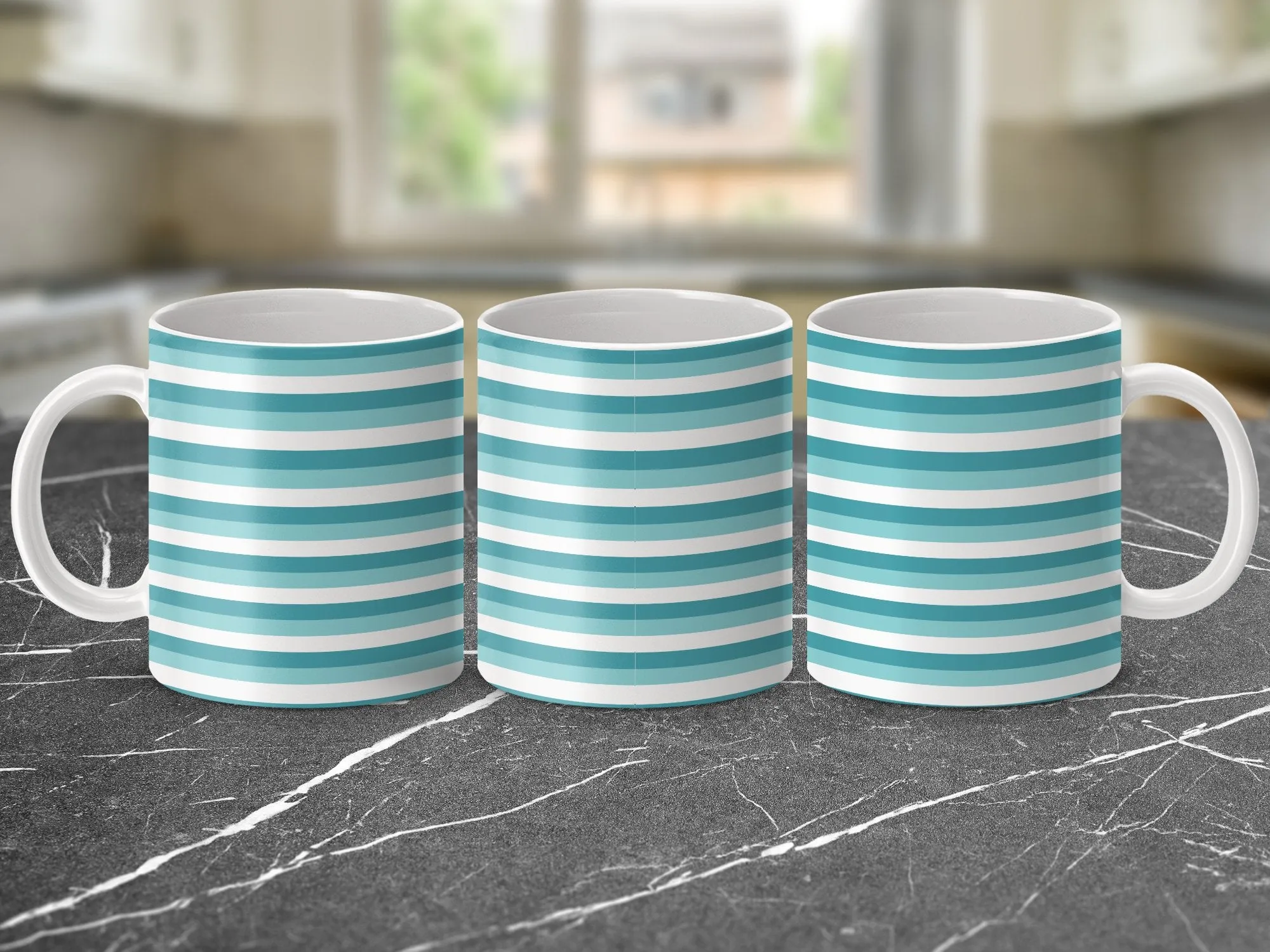 Striped Pattern Mug, Teal and White Horizontal Lines, Modern Coffee Cup, Ceramic Mug for Office and Home, Unique Drinkware Gift