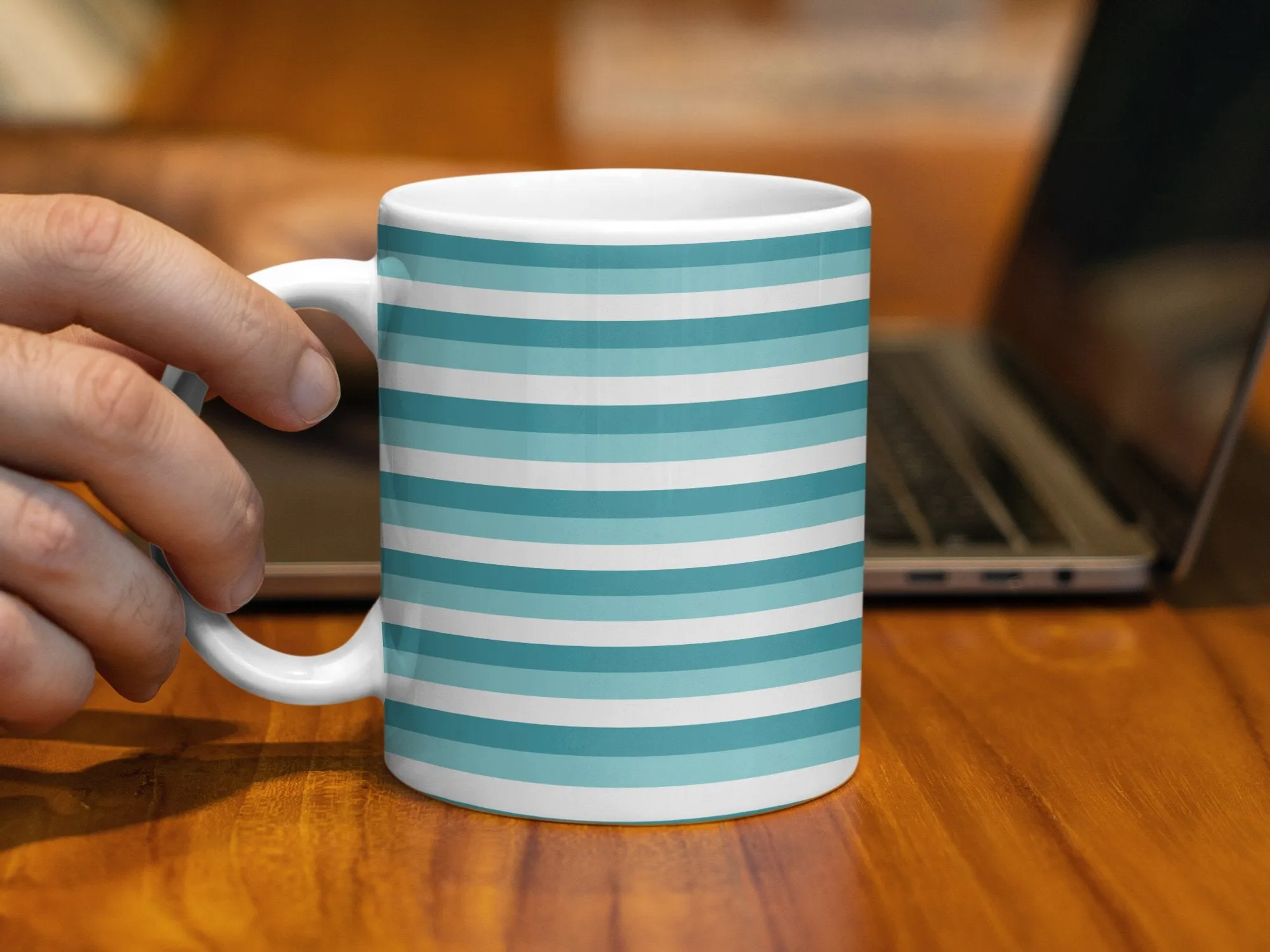 Striped Pattern Mug, Teal and White Horizontal Lines, Modern Coffee Cup, Ceramic Mug for Office and Home, Unique Drinkware Gift