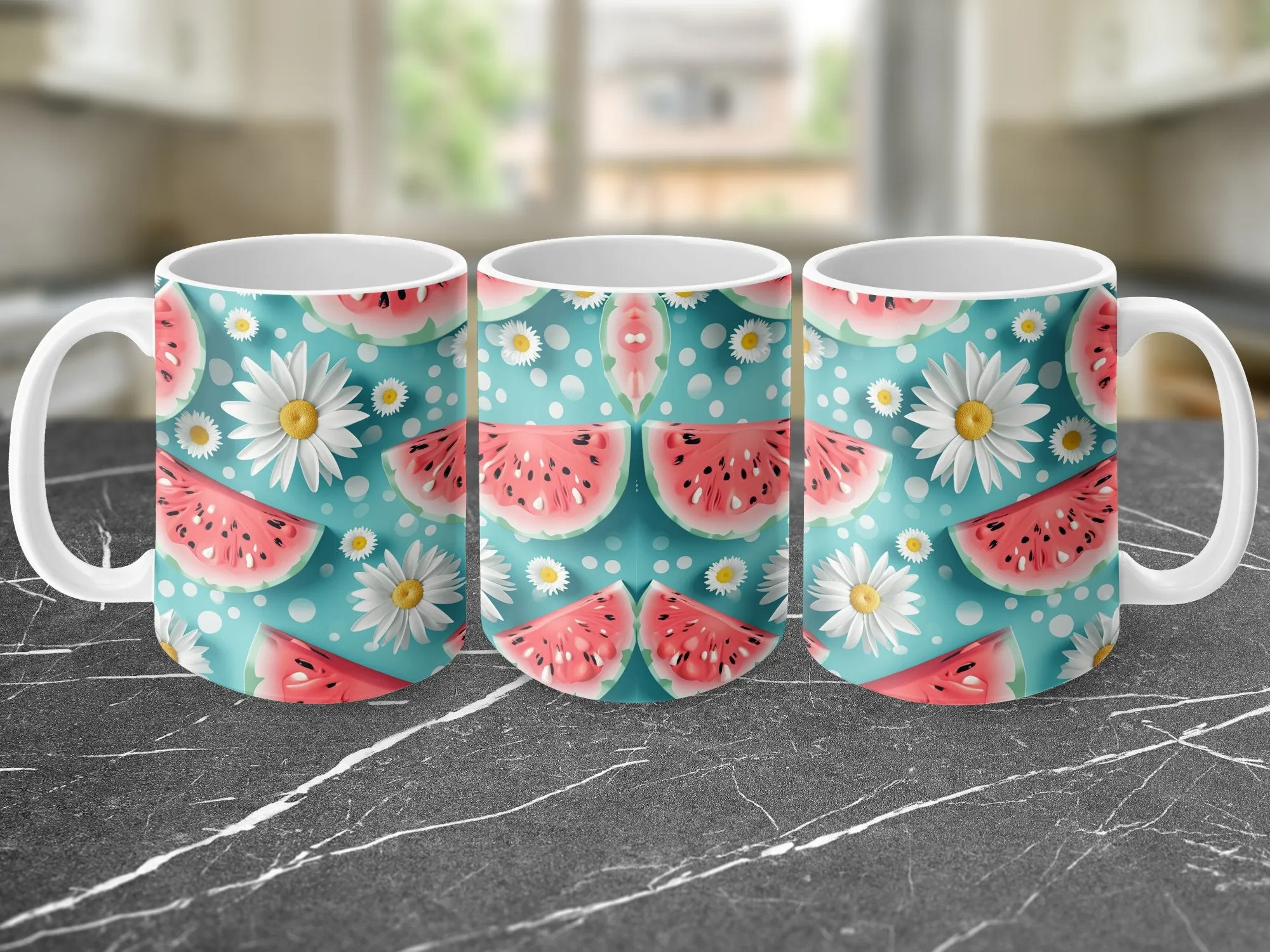 Summer Watermelon and Daisy Pattern Mug, Cute Floral Fruit Coffee Cup, Tropical Kitchen Decor, Refreshing Beverage Holder Gift