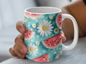 Summer Watermelon and Daisy Pattern Mug, Cute Floral Fruit Coffee Cup, Tropical Kitchen Decor, Refreshing Beverage Holder Gift