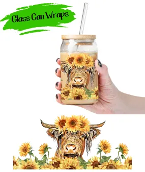 Sunflower Highland Cow Wrap for 16/20 oz Cups - UV DTF or Sublimation (SHIPS IN 3-7 BUS DAYS)