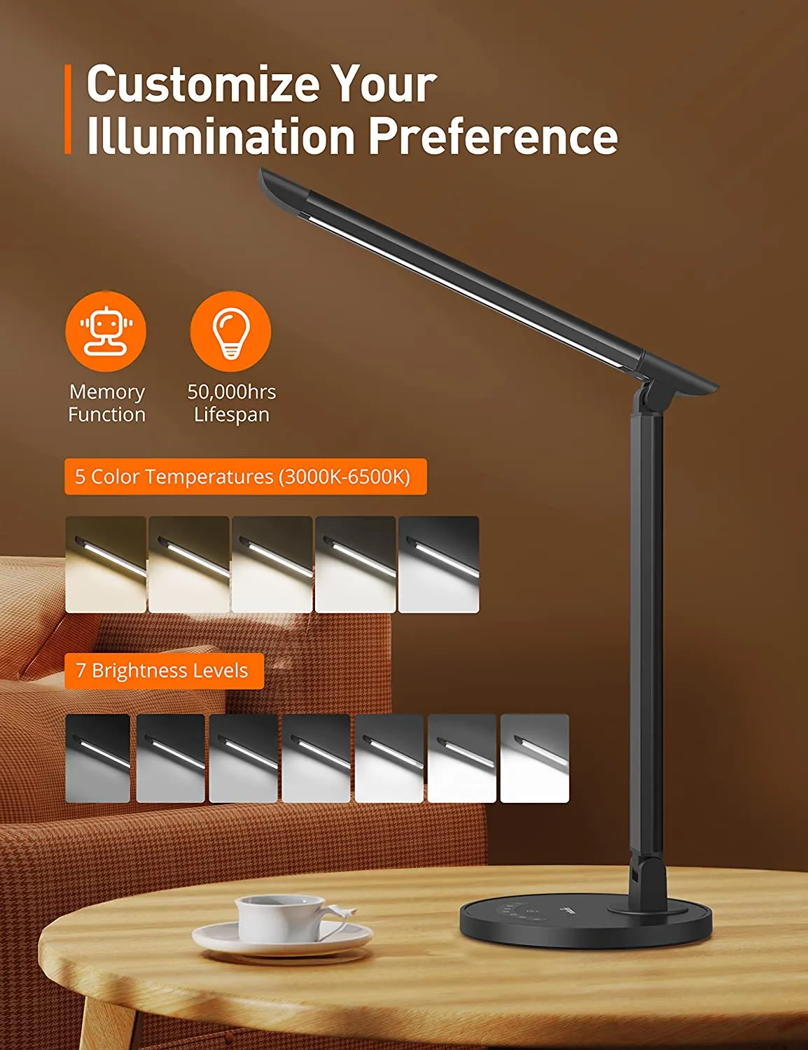 Sympa LED Desk Lamp Dimmable Table Reading Light USB Charging Port Touch Control