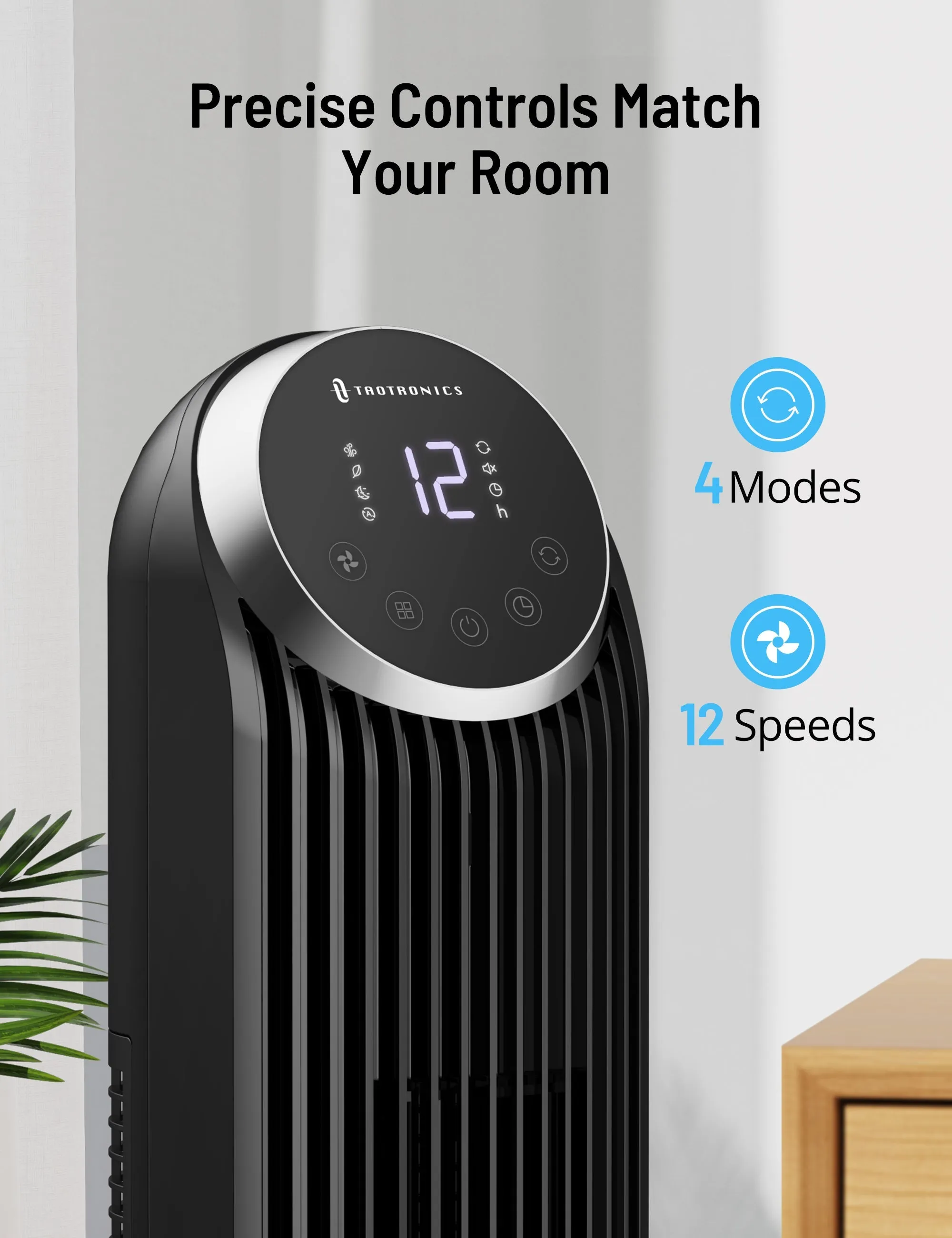 TaoTronics 42in Tower Fan, 120° Oscillating Fan, 12 Speeds, 4 Modes, Standing Fan with Remote for Bedroom 2024