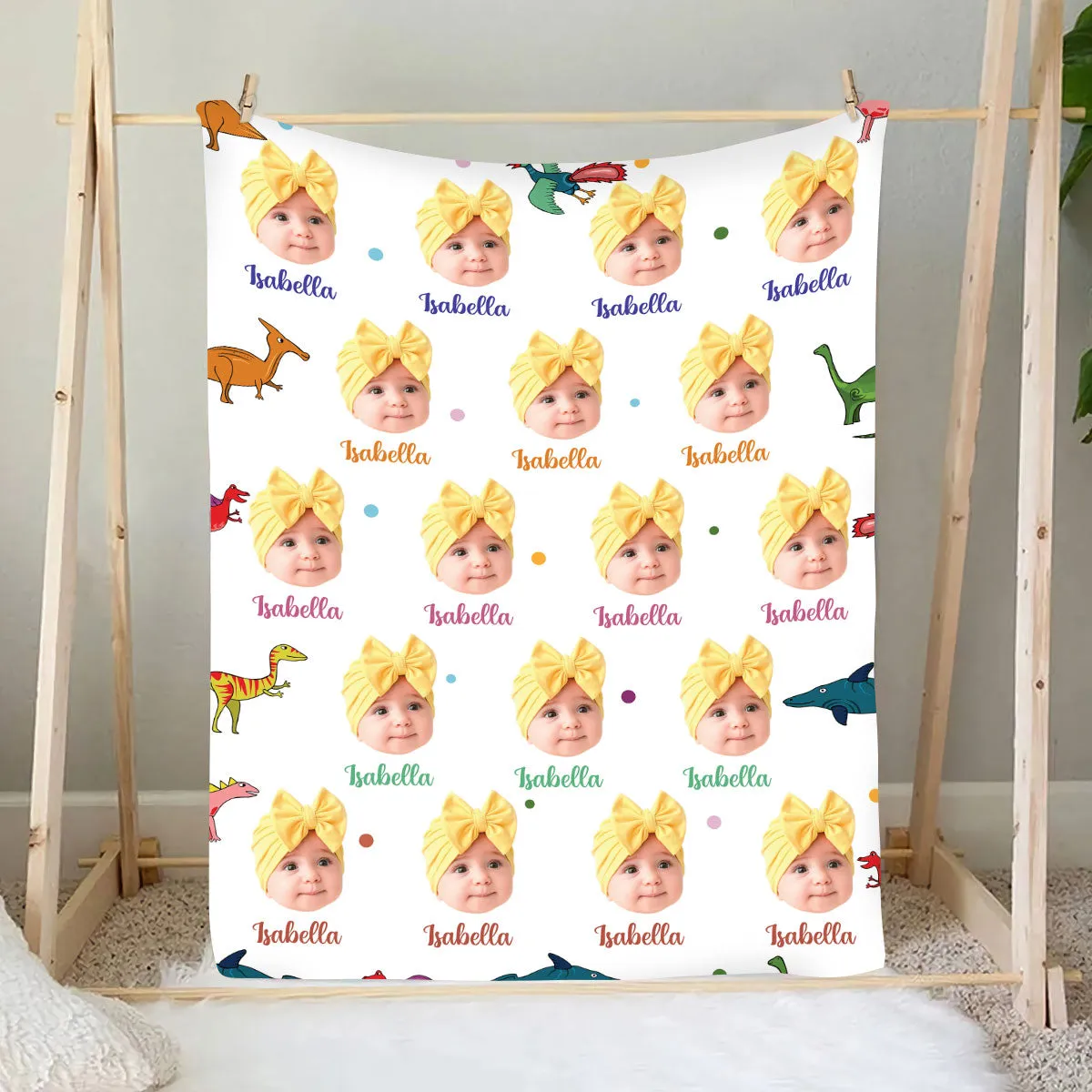 Teesdily | Cute Nursery Personalized Throw Blanket With Baby Face Kid Dinosaur Baby Travel Blanket Customize Blankets With Photos Personalized Name