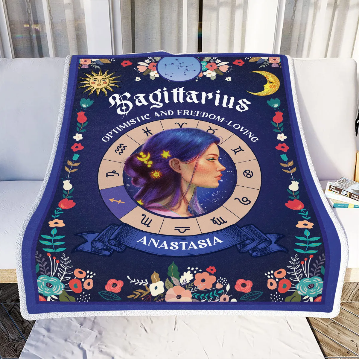 Teesdily | Sagittarius Zodiac Characteristics Customized Blanket Optimistic And Freedom-Loving Sherpa Fleece Horoscope Design Astrology Gift Birthday