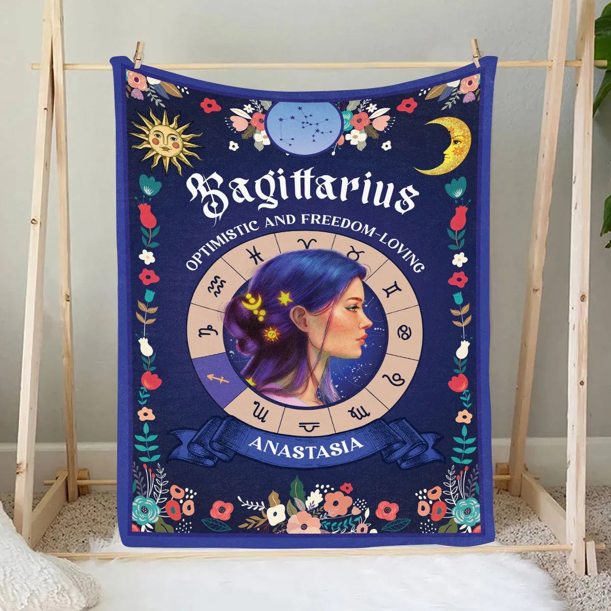 Teesdily | Sagittarius Zodiac Characteristics Customized Blanket Optimistic And Freedom-Loving Sherpa Fleece Horoscope Design Astrology Gift Birthday