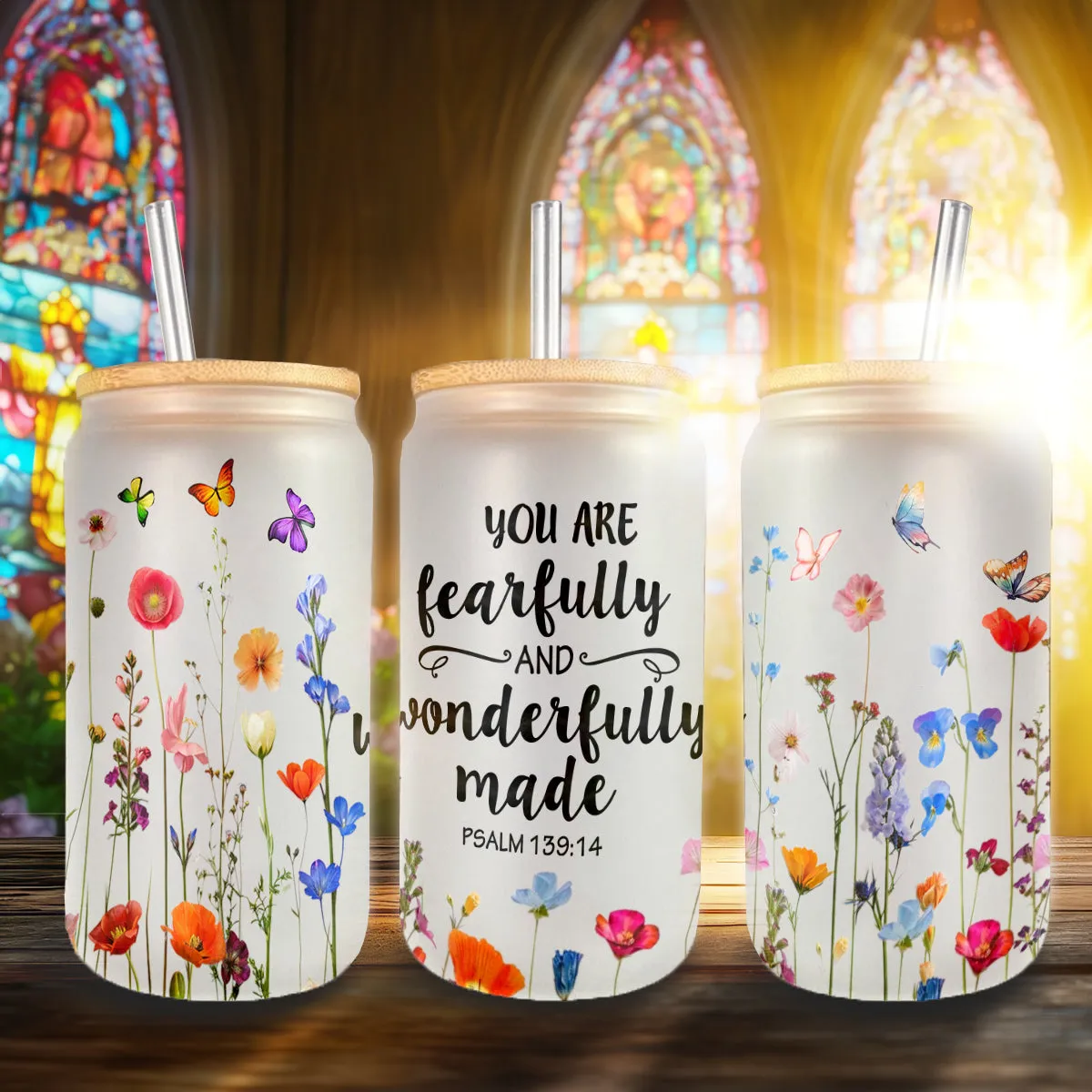 Teesdily | Wildflower Bible Verse Glass Can, You Are Fearfully And Wonderfully Made Frosted Can With Straw, Inspirational Gifts For Women