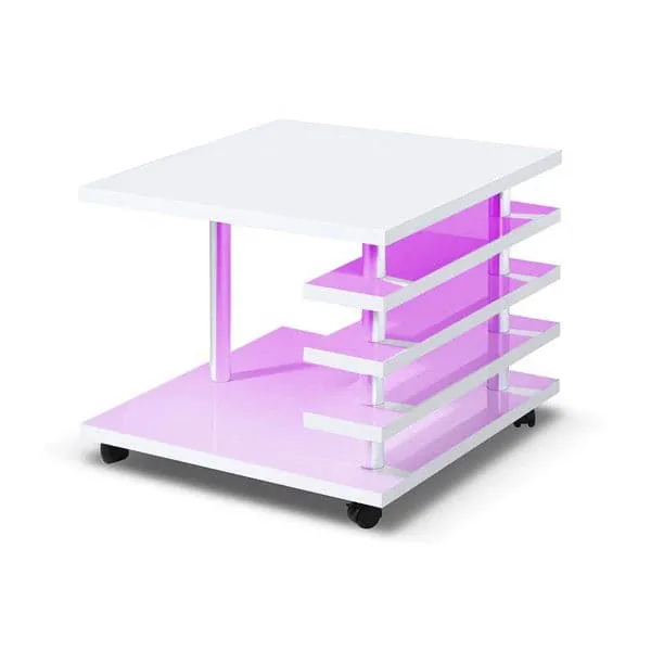 TFC&H Co. Mobile Coffee Table with LED light Color Remote Control - White- Ships from The US