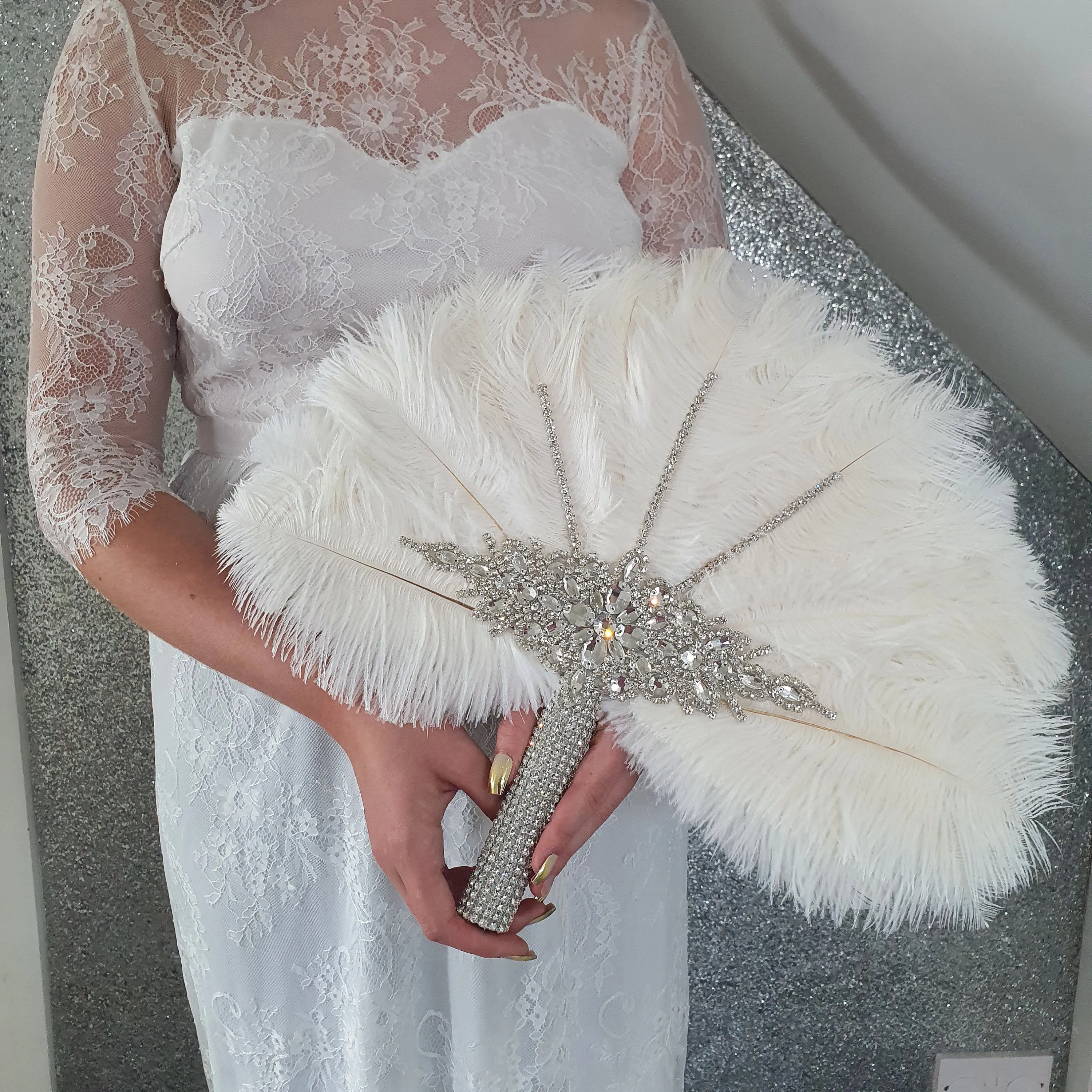 Wedding feather fan, brides ostrich fan, wedding hand fan, Great Gatsby  any colour as custom made to order by Crystal wedding uk