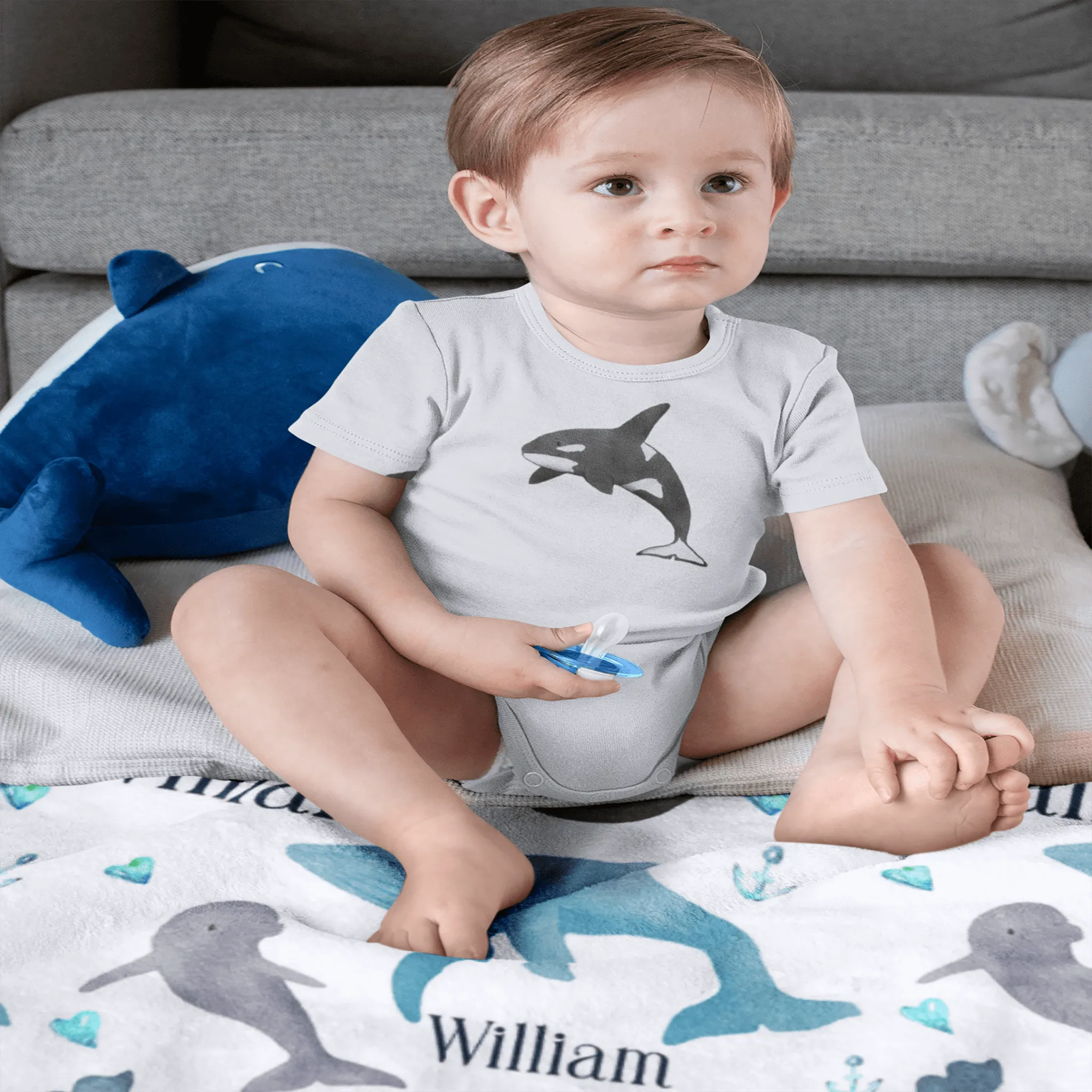 Whale Print Personalized Minky Blanket (Plush Minky)