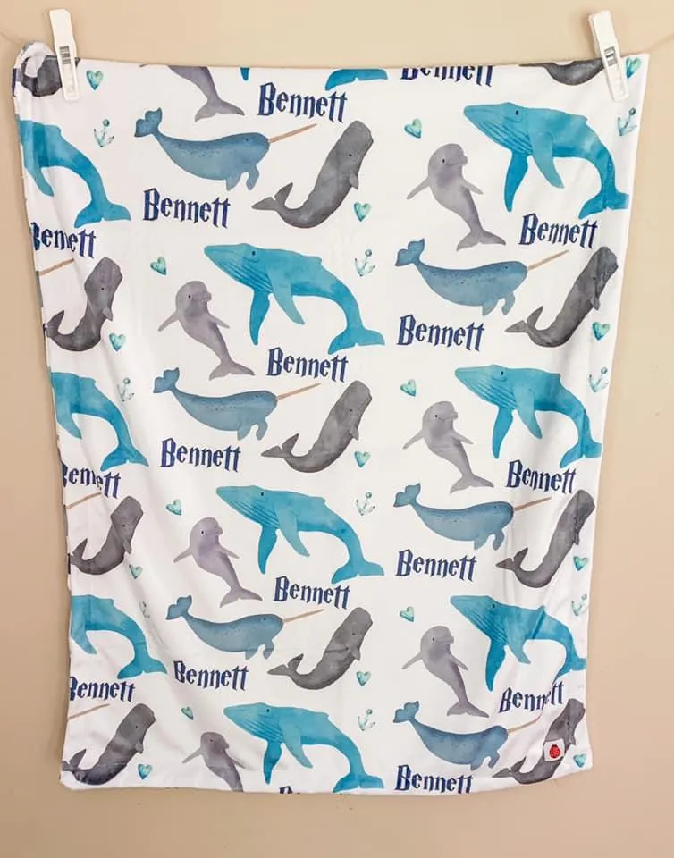 Whale Print Personalized Minky Blanket (Plush Minky)