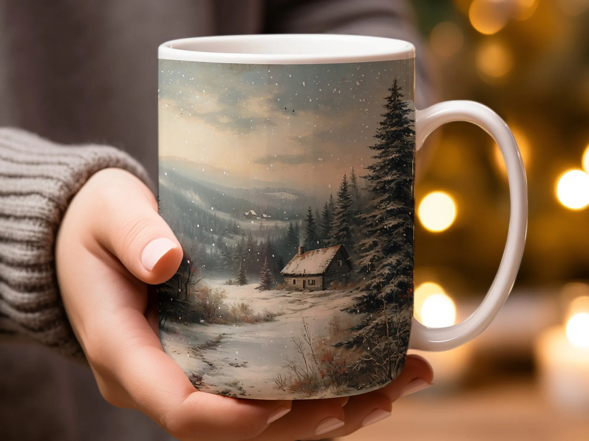 Winter Cabin Scene Mug, Snowy Landscape Coffee Cup, Rustic Forest Home Decor, Nature Lover Gift, Cozy Winter Morning Drinkware