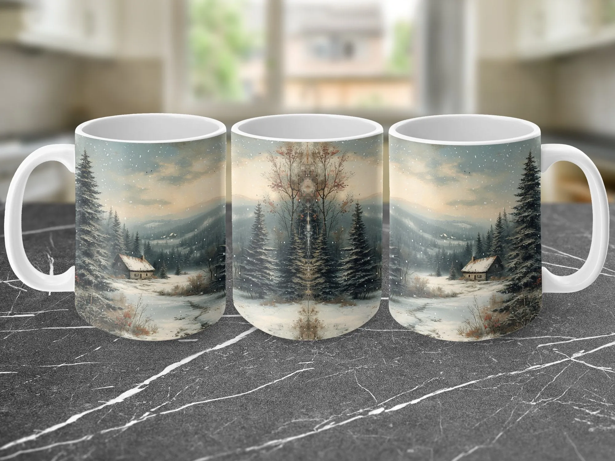 Winter Cabin Scene Mug, Snowy Landscape Coffee Cup, Rustic Forest Home Decor, Nature Lover Gift, Cozy Winter Morning Drinkware