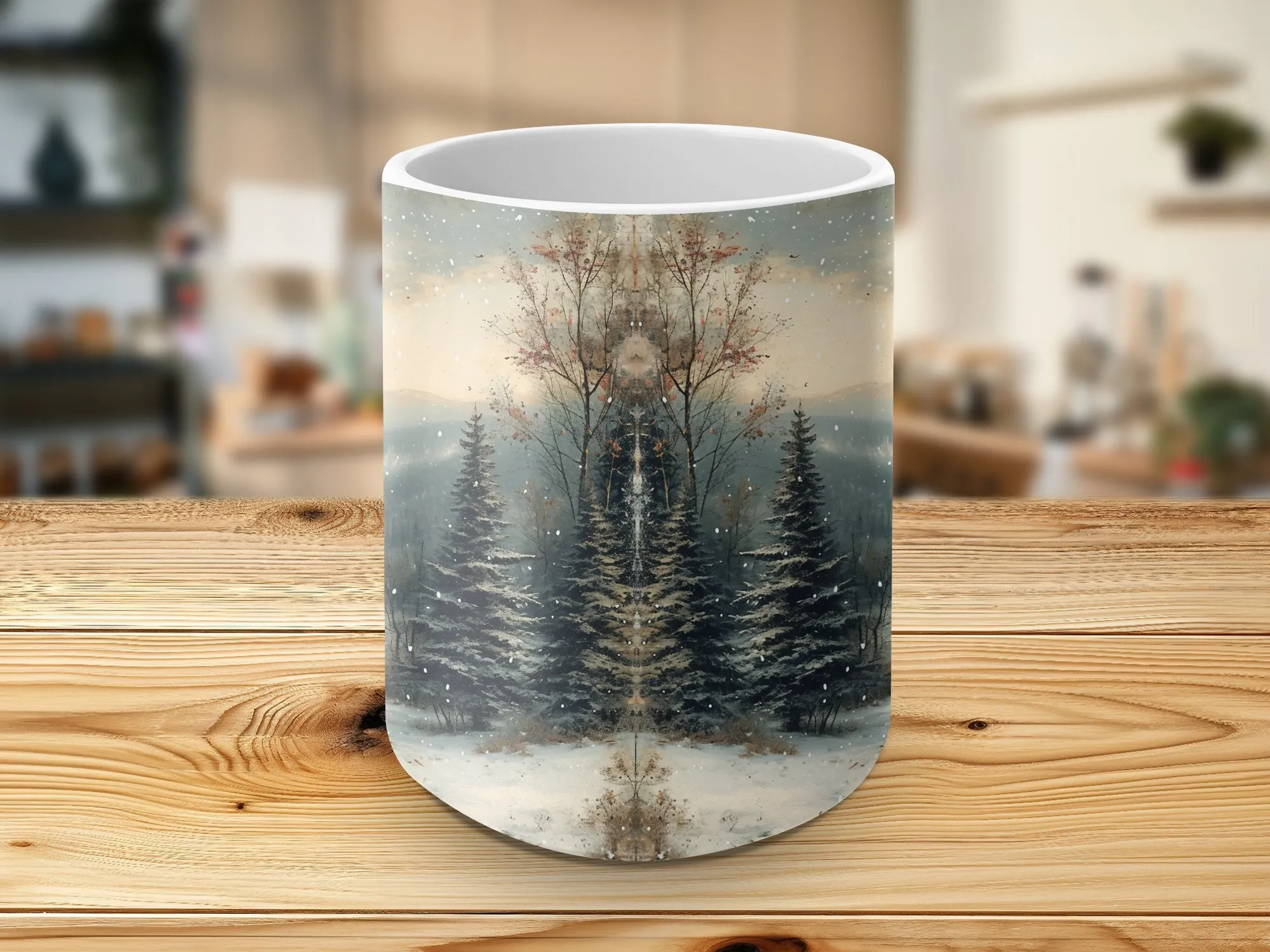 Winter Cabin Scene Mug, Snowy Landscape Coffee Cup, Rustic Forest Home Decor, Nature Lover Gift, Cozy Winter Morning Drinkware