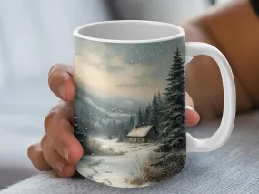 Winter Cabin Scene Mug, Snowy Landscape Coffee Cup, Rustic Forest Home Decor, Nature Lover Gift, Cozy Winter Morning Drinkware